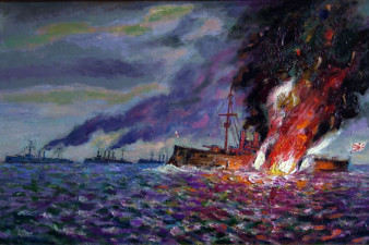 Японский крейсер «Миако», взорванный русской миной и потопленный в Керской бухте 1 мая 1904 г. 2003. Холст, масло, 70х120